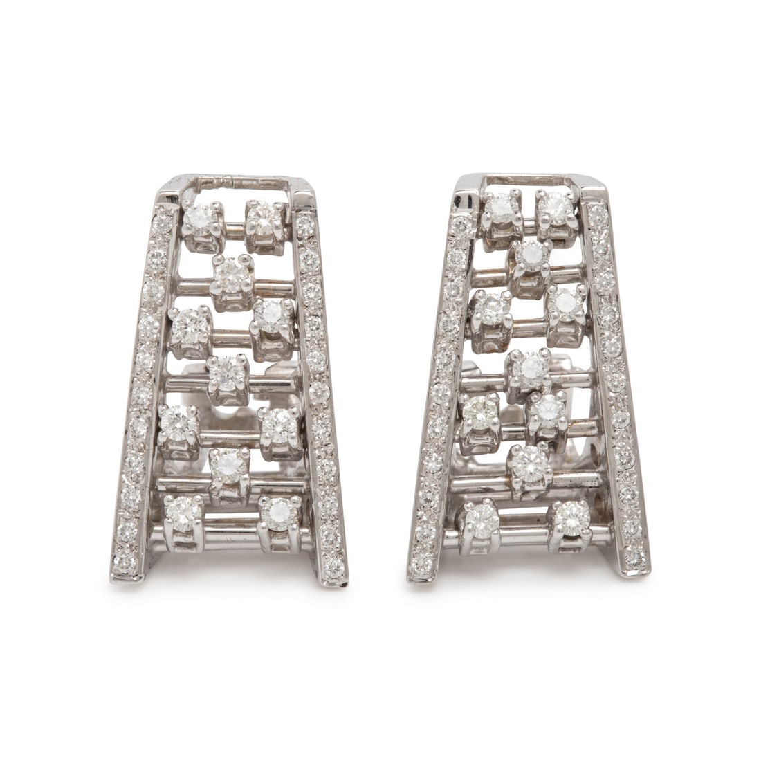 Diamond and White Gold Earrings: Diamond and White Gold Earrings Round diamonds weighing approximately 2.45 carats total. 18 karat white gold. 1 7/8 inches long. Stamp: 750. Gross weight: 11.70 dwt. From the Collection of Carole Mill