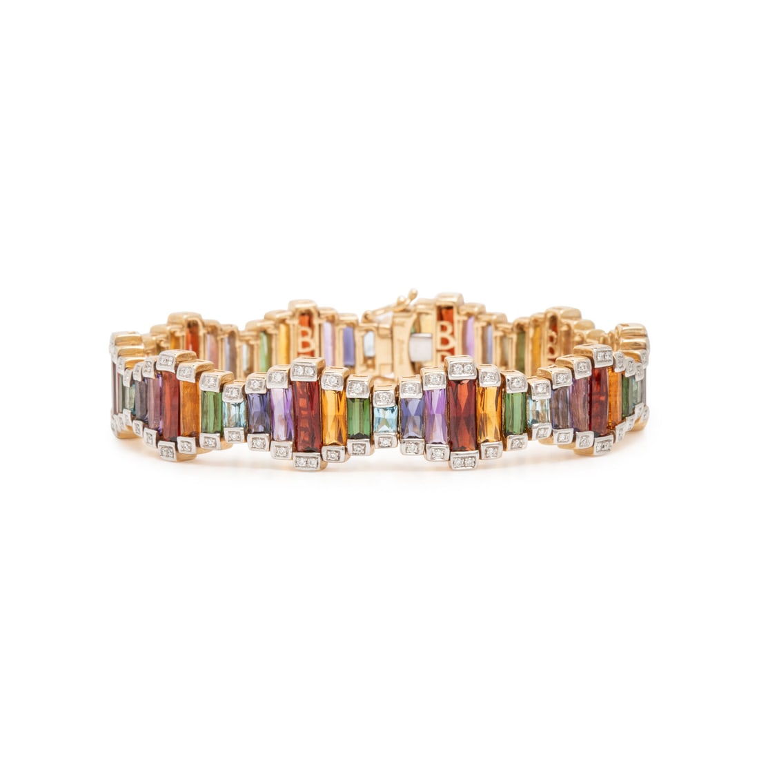 Bellarri, Multigem, Diamond and Yellow Gold Bracelet: Bellarri, Multigem, Diamond and Yellow Gold Bracelet French cut amethyst, garnet, citrine, blue topaz, iolite, peridot, and green tourmaline, and round diamonds weighing approximately 1.10 carats