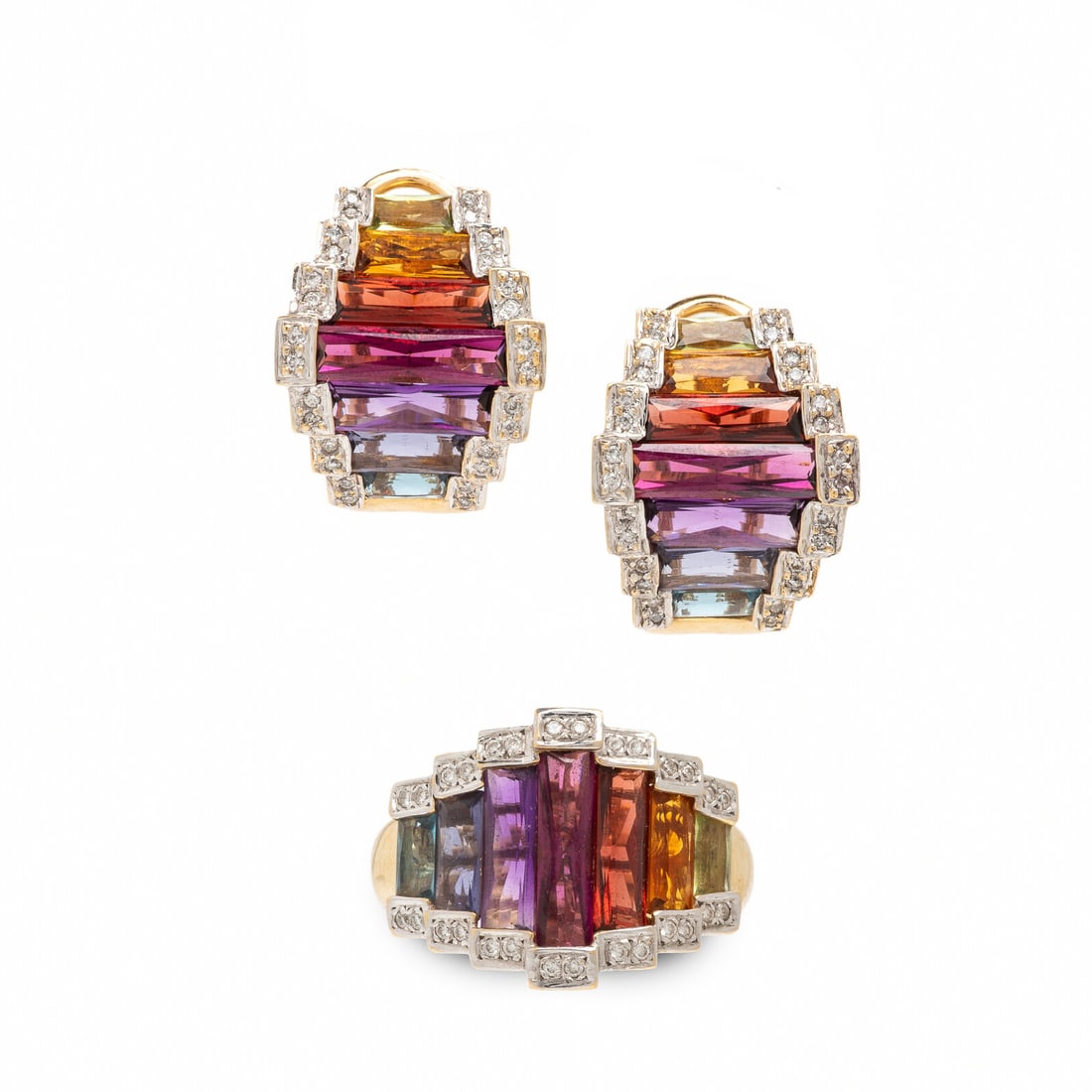 Bellarri, Multigem, Diamond, and Yellow Gold Earrings and Ring: Bellarri, Multigem, Diamond, and Yellow Gold Earrings and Ring Including a pair of earrings and a ring, each set with round diamonds and French cut gemstones including blue topaz, iolite, amethyst, ga