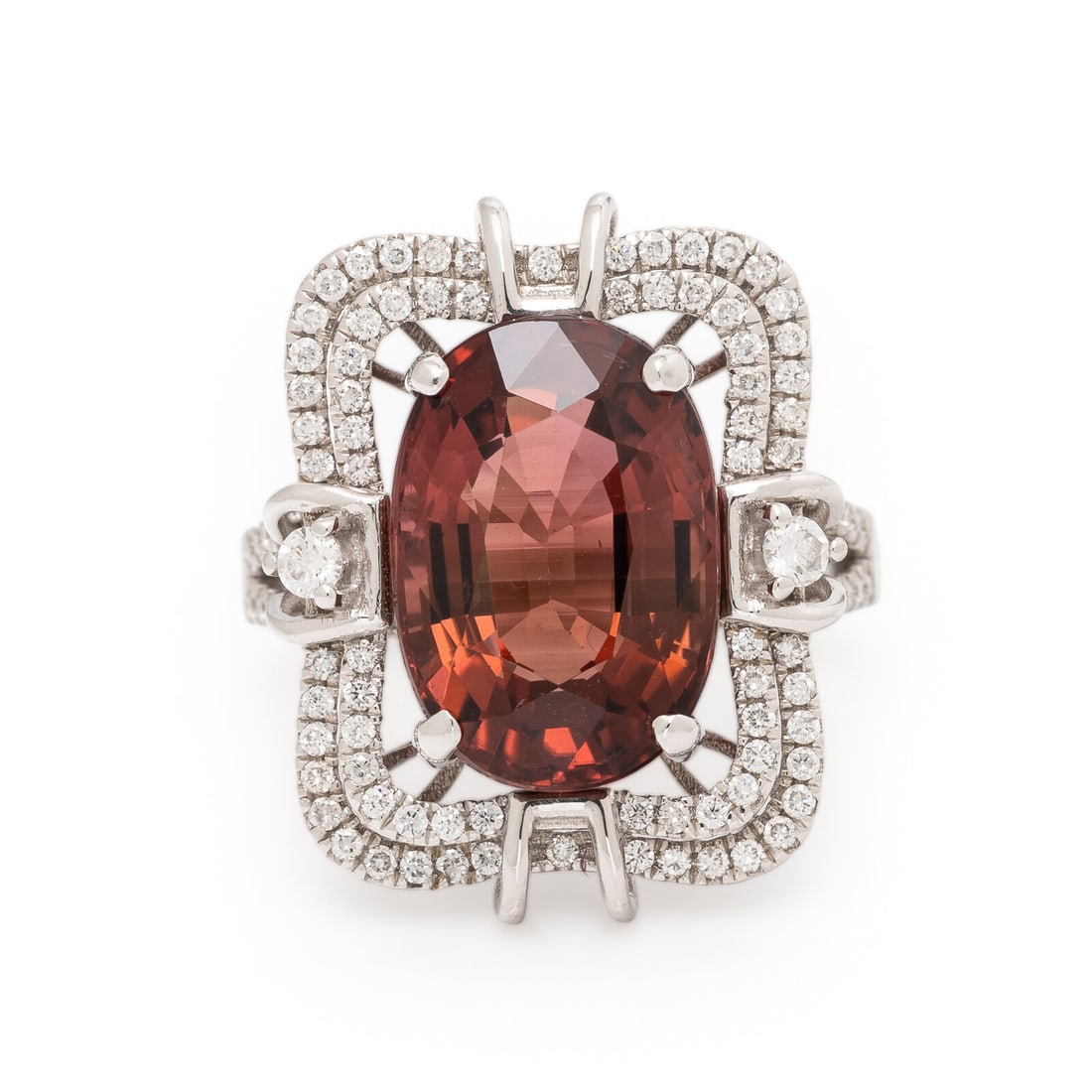 Yanni B., Tourmaline, Diamond, and White Gold Ring: Yanni B., Tourmaline, Diamond, and White Gold Ring Oval tourmaline weighing approximately 6.51 carats, and round diamonds weighing approximately 0.52 carat total. 14 karat white gold. Ring size 6