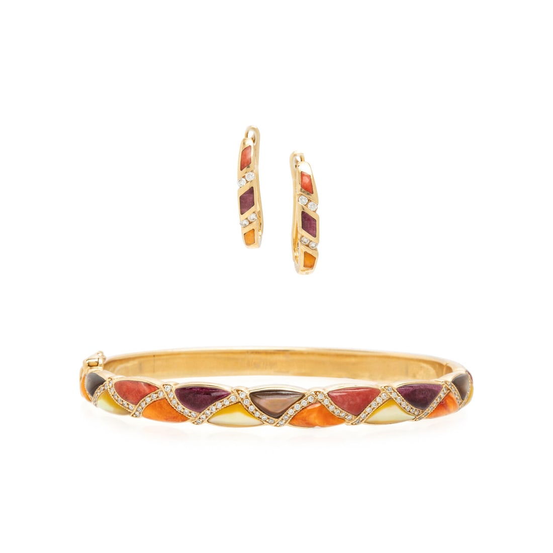 Kabana, Shell Inlay, Diamond, and Yellow Gold Bangle Bracelet and Earrings: Kabana, Shell Inlay, Diamond, and Yellow Gold Bangle Bracelet and Earrings Including a pair of earrings and bangle bracelet set with round diamonds, variously colored shell inlay, and