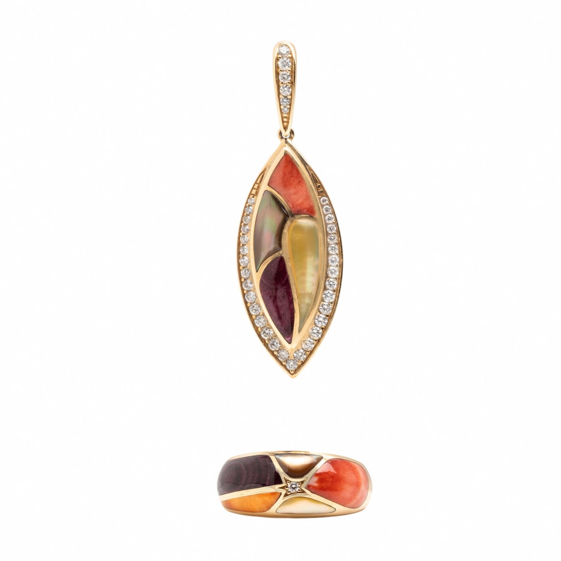 Kabana, Shell Inlay, Diamond and Yellow Gold Ring and Pendant: Kabana, Shell Inlay, Diamond and Yellow Gold Ring and Pendant Including a pendant and ring, set with shell and mother-of-pearl inlay and round diamonds weighing approximately 0.90 carat total. 14