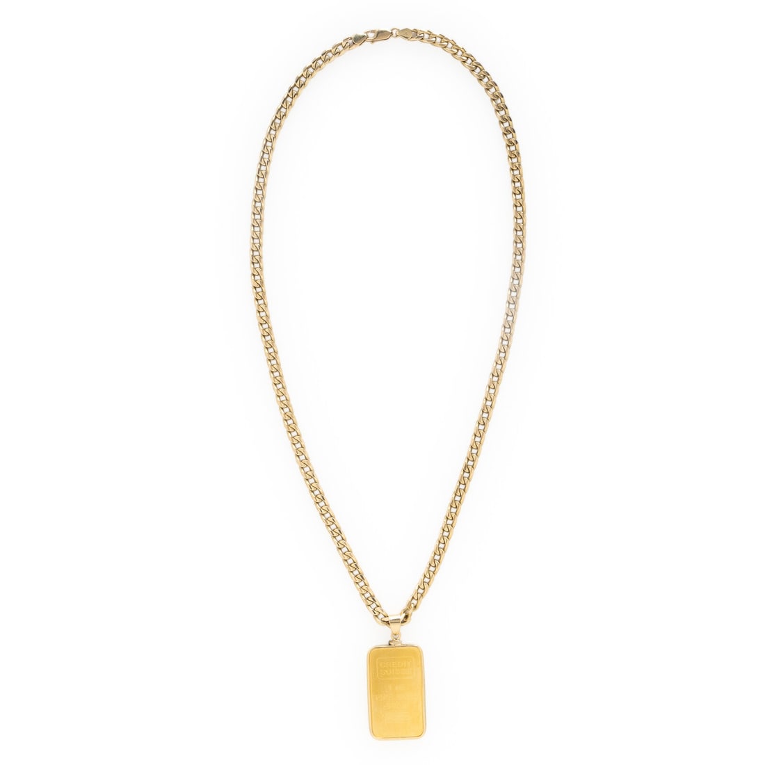 Yellow Gold Chain with High Karat Gold Bar Pendant: Yellow Gold Chain with High Karat Gold Bar Pendant High karat yellow gold and 14 karat yellow gold. Pendant: 1 1/2 x 1 inches. Chain: 24 inches long. Chain stamp: 14 KT. Gross weight: 60.70 dwt. From 