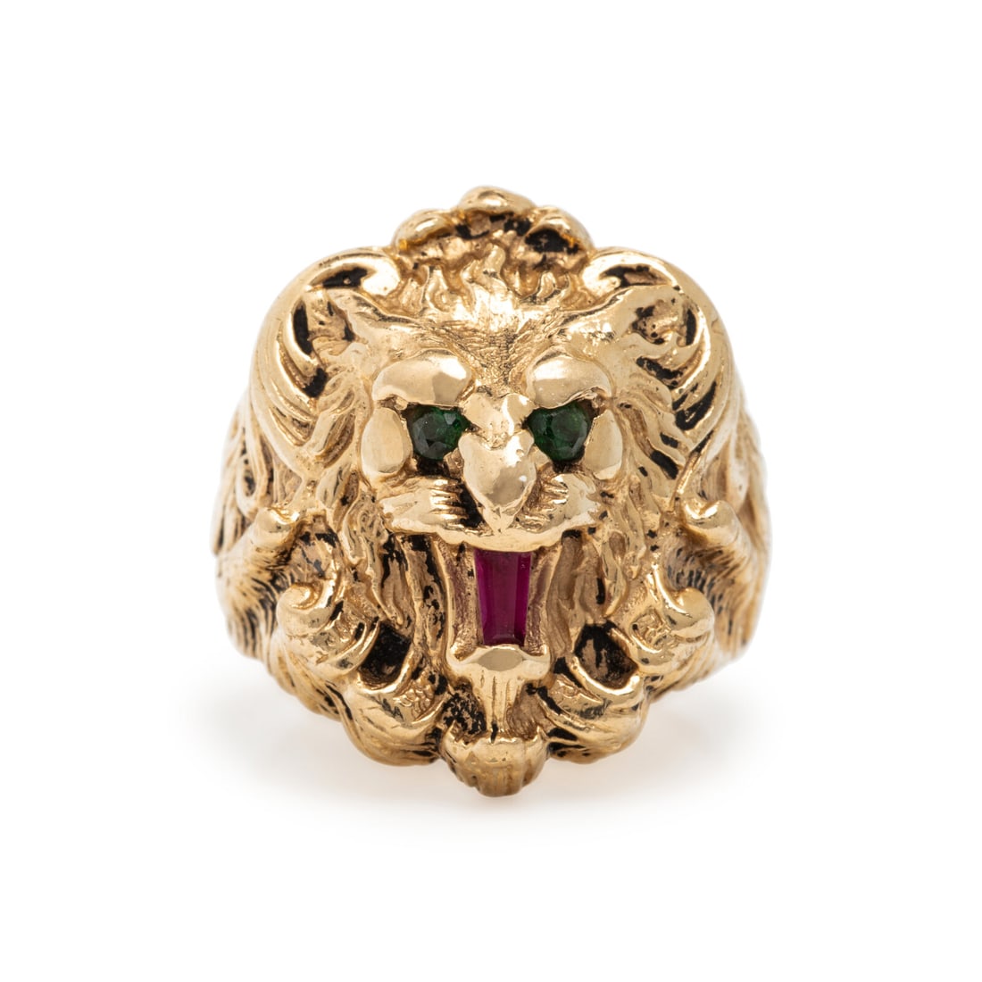 Yellow Gold Lion Ring: Yellow Gold Lion Ring Tapered baguette cut synthetic ruby and round green garnets. 14 karat yellow gold. Ring size 7 1/4. Stamp: 14K. Gross weight: 11.70 dwt. From a Private Collection, Prescott, Ariz
