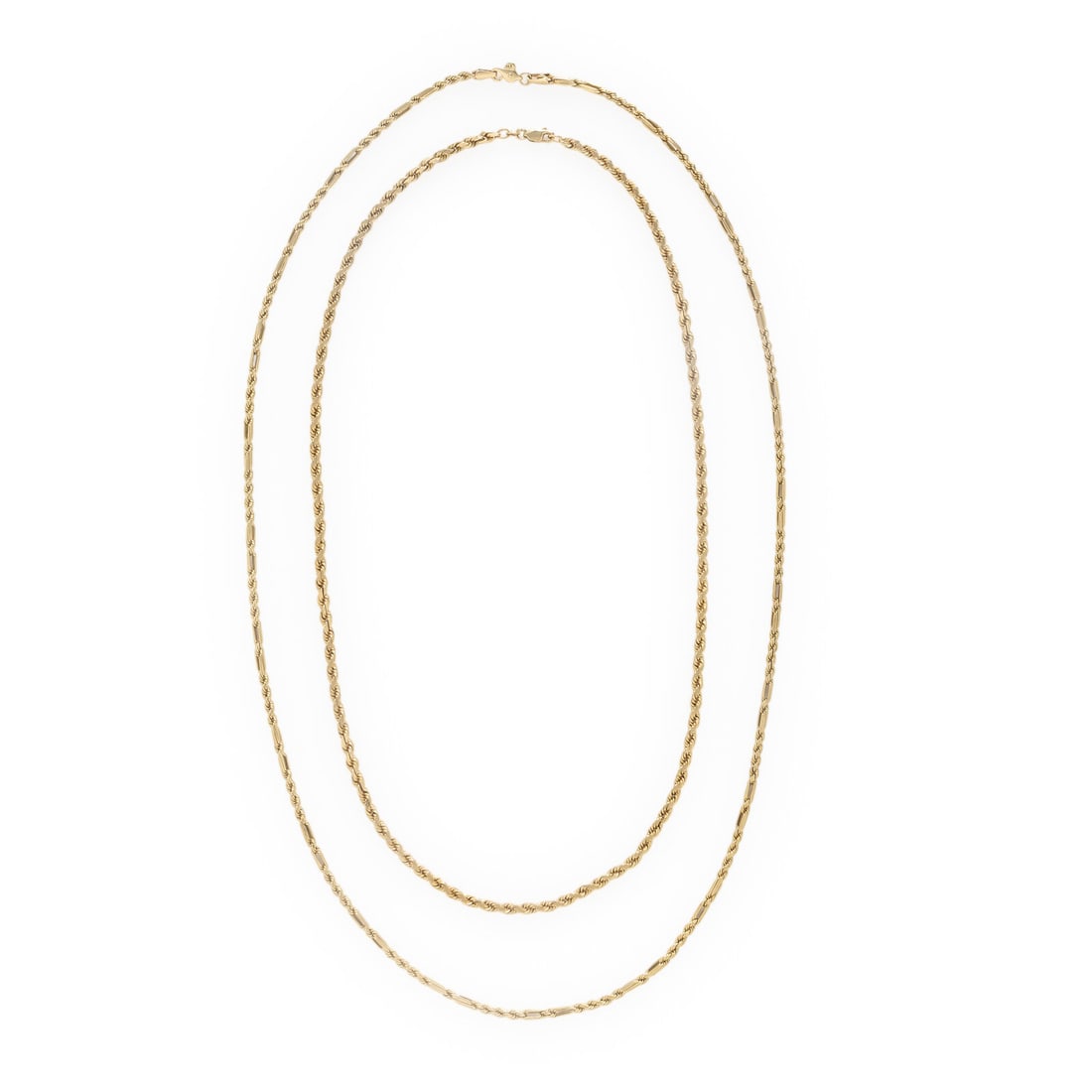 Two Yellow Gold Chain Necklaces: Two Yellow Gold Chain Necklaces 14 karat yellow gold. 30 inches long, 24 inches long. Stamp: (maker's mark) 14K. Stamp: 14K. Gross weight: 26.75 dwt. From a Private Collection, Prescott, Arizona This