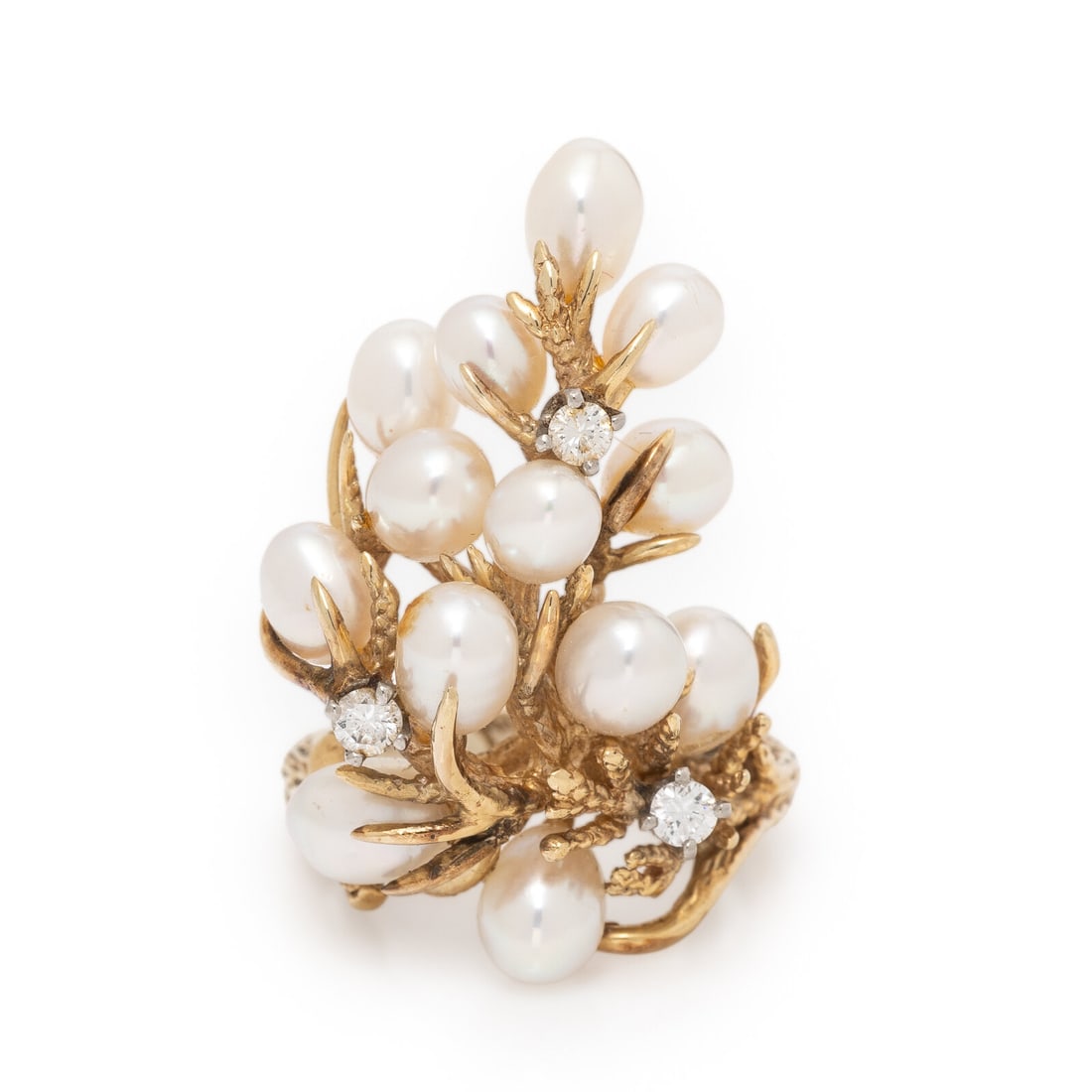 Cultured Pearl, Diamond, and Yellow Gold Foliate Ring: Cultured Pearl, Diamond, and Yellow Gold Foliate Ring Cultured pearls measuring approximately 4.20 - 4.80 mm, and round diamonds. Yellow gold. Ring size 5 3/4. Gross weight: 6.20 dwt. This lot is loca