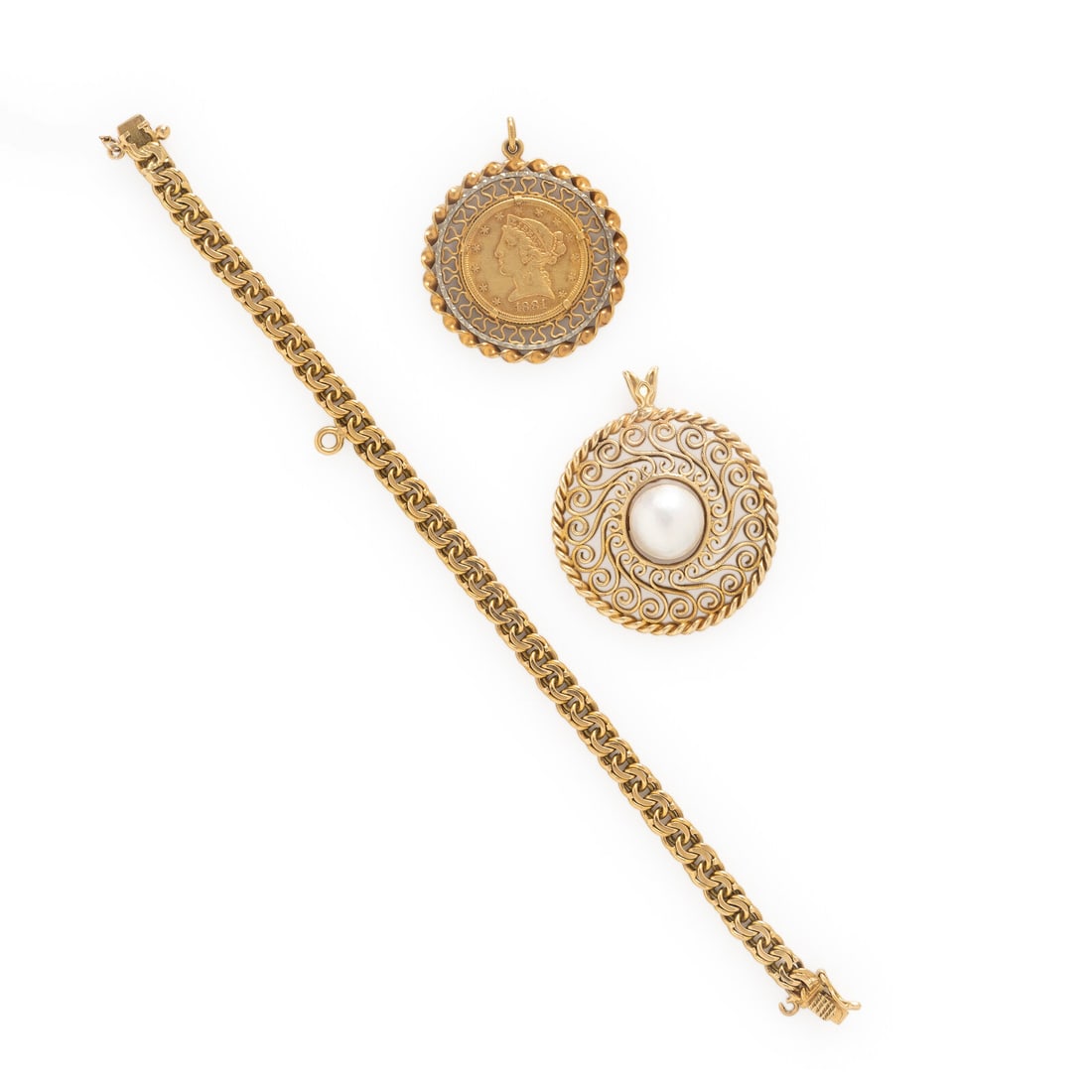 Collection of Yellow Gold Jewelry: Collection of Yellow Gold Jewelry Including two pendants, one set with a mabÈ pearl measuring approximately 12.50 mm and the other set with an 1881 US five-dollar coin, and a chain bracelet. Yell