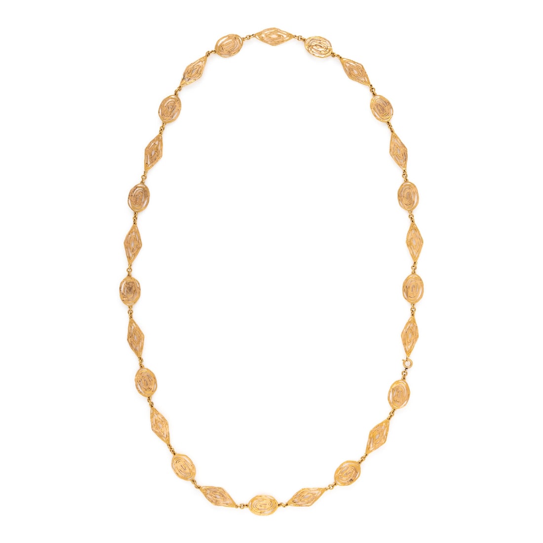 Italian, Yellow Gold Fancy Link Chain Necklace: Italian, Yellow Gold Fancy Link Chain Necklace 18 karat yellow gold. 34 3/4 inches long. Stamp: (Italian maker's mark) (partially obscured) 750. Gross weight: 26.75 dwt. Property of a Private Collecto