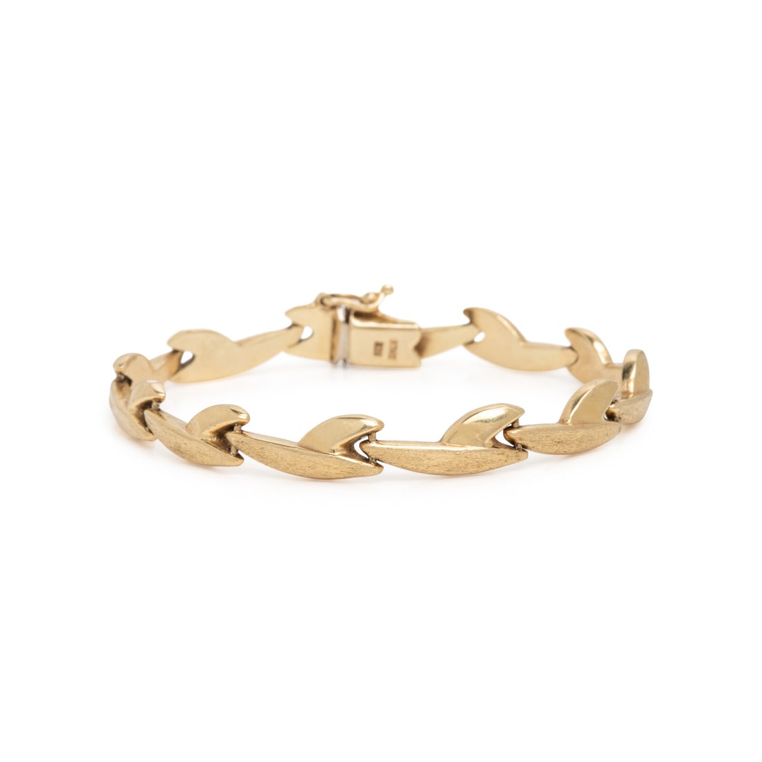 Yellow Gold Bracelet: Yellow Gold Bracelet 14 karat brushed and polished yellow gold. 6 1/8 inches long. Stamp: 14K ITALY AGS. Gross weight: 4.90 dwt. Property from a Private Collection This lot is located in Chicago.