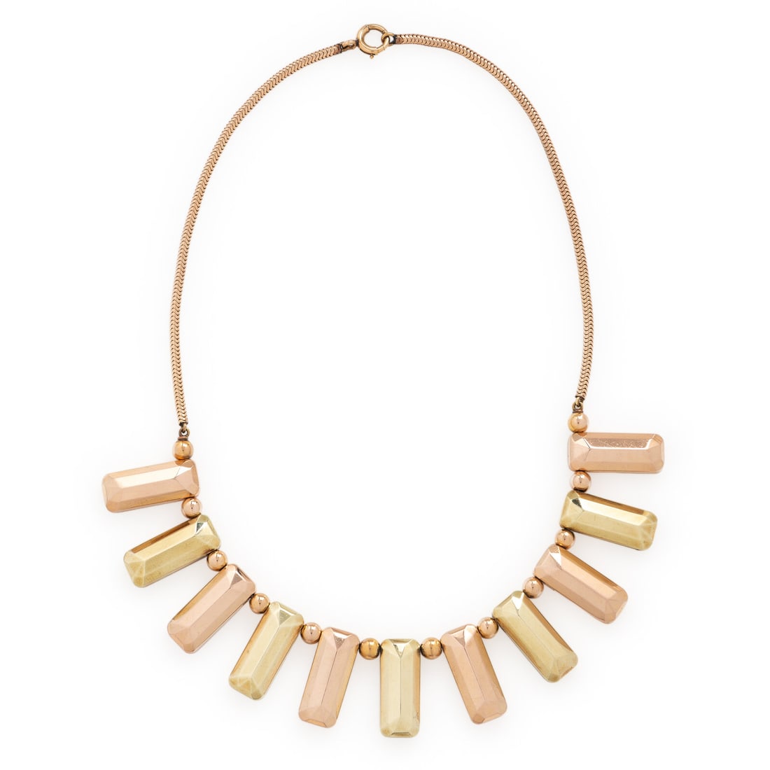 Bicolor Gold Necklace: Bicolor Gold Necklace 14 karat yellow and rose gold. 14 3/4 inches long. Stamp: 14K. Gross weight: 27.80 dwt. This lot is located in Chicago.