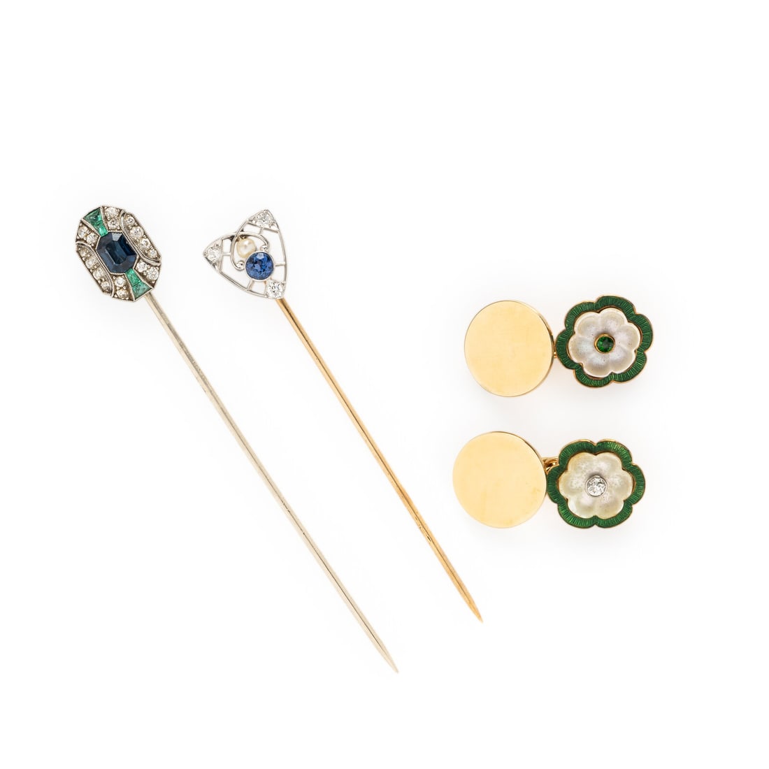 Multigem Stick Pins and Cufflinks: Multigem Stick Pins and Cufflinks Including two stick pins and a pair of cufflinks, one stick pin set with a hexagonal step cut synthetic sapphire, calibrÈ-cut emeralds, and old European and tran