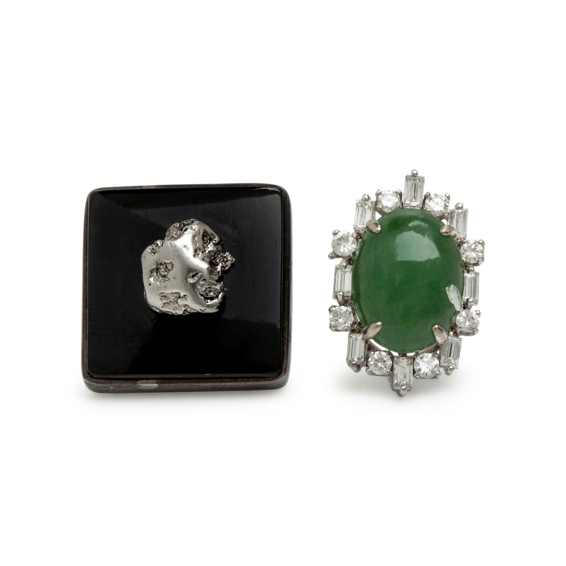 Two Multigem Tie Tacks: Two Multigem Tie Tacks Including two tie tacks, one set with an oval cabochon jade measuring approximately 12.80 x 9.90 mm and round and baguette cut diamonds, and the other set with black onyx and a 