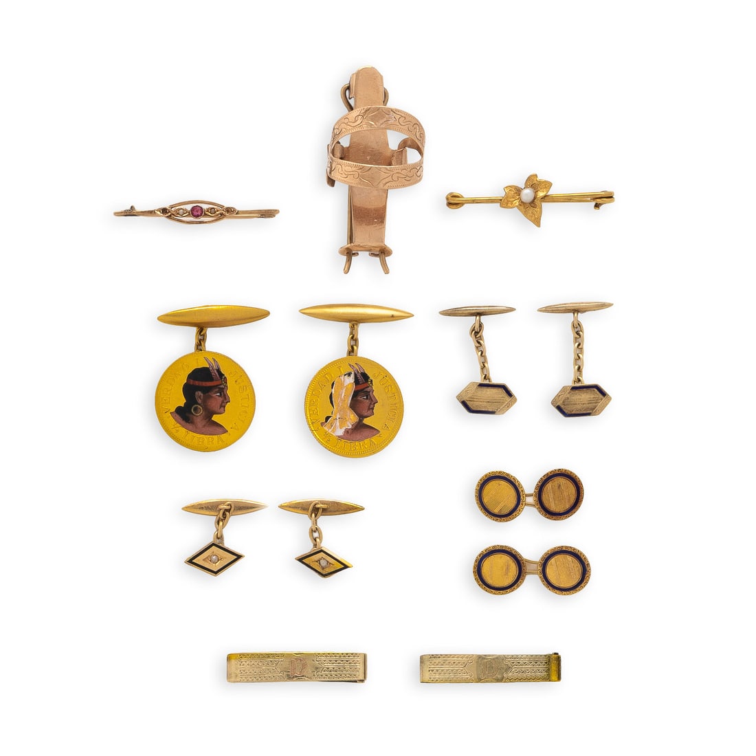 Collection of Gentleman's Accessories: Collection of Gentleman's Accessories Including three tie clips, four pairs of cufflinks, and two tie pins, variously set with enamel, seed pearls, and colored stone. Rose gold, yellow gold,