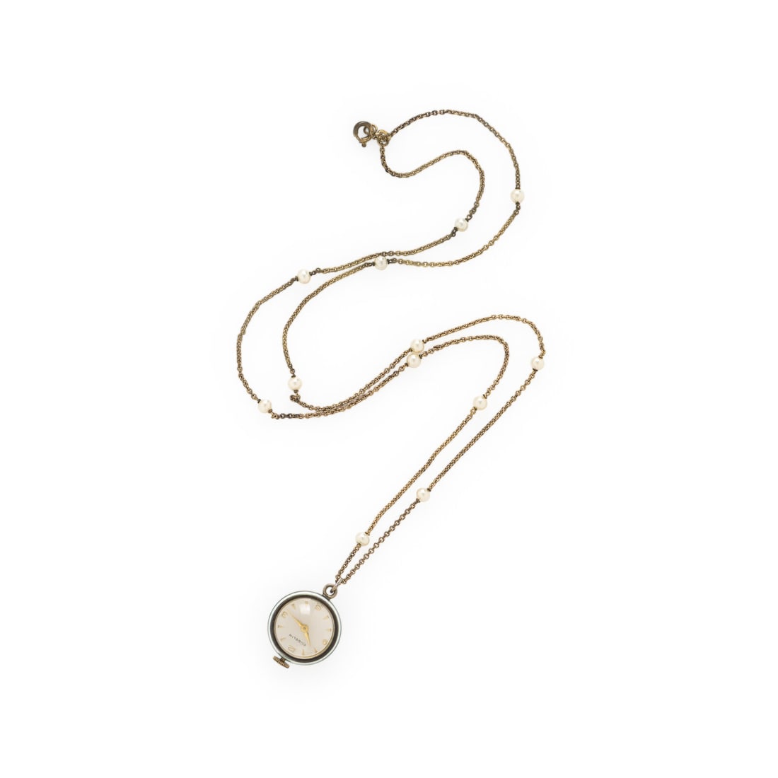 G¸belin, Enamel Pendant Ball Watch with Chain: G¸belin, Enamel Pendant Ball Watch with Chain G¸belin watch set with enamel, on a chain with several seed pearls. Silver, with a gold-plated chain. 27 1/2 inches long. Movement stamp: