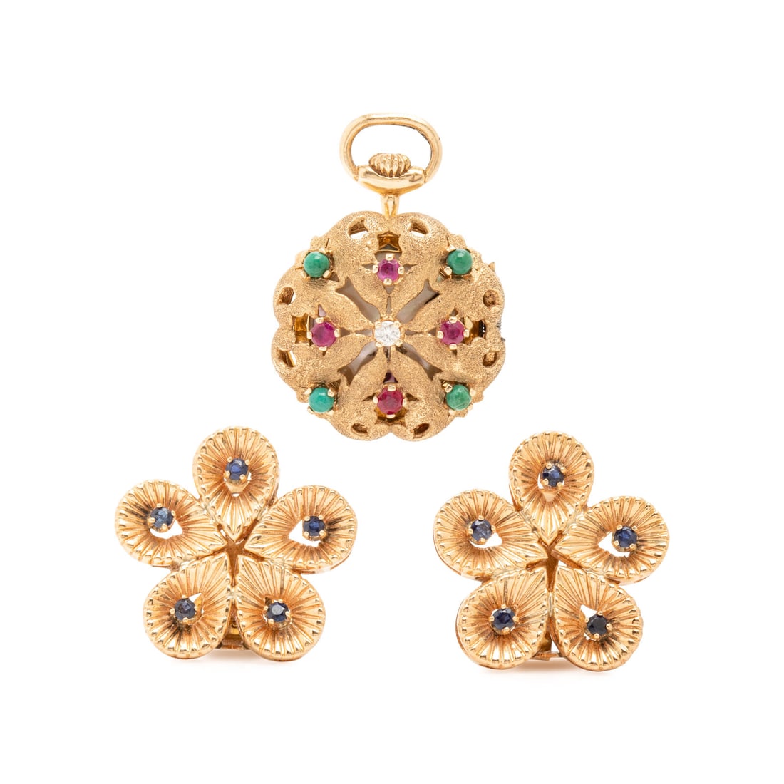 Yellow Gold and Multigem Pocket Watch and Flower Earrings: Yellow Gold and Multigem Pocket Watch and Flower Earrings Including a manual wind De Cor pocket watch, the case measuring approximately 23.00 mm, set with round cabochon green hardstone, round rubies,