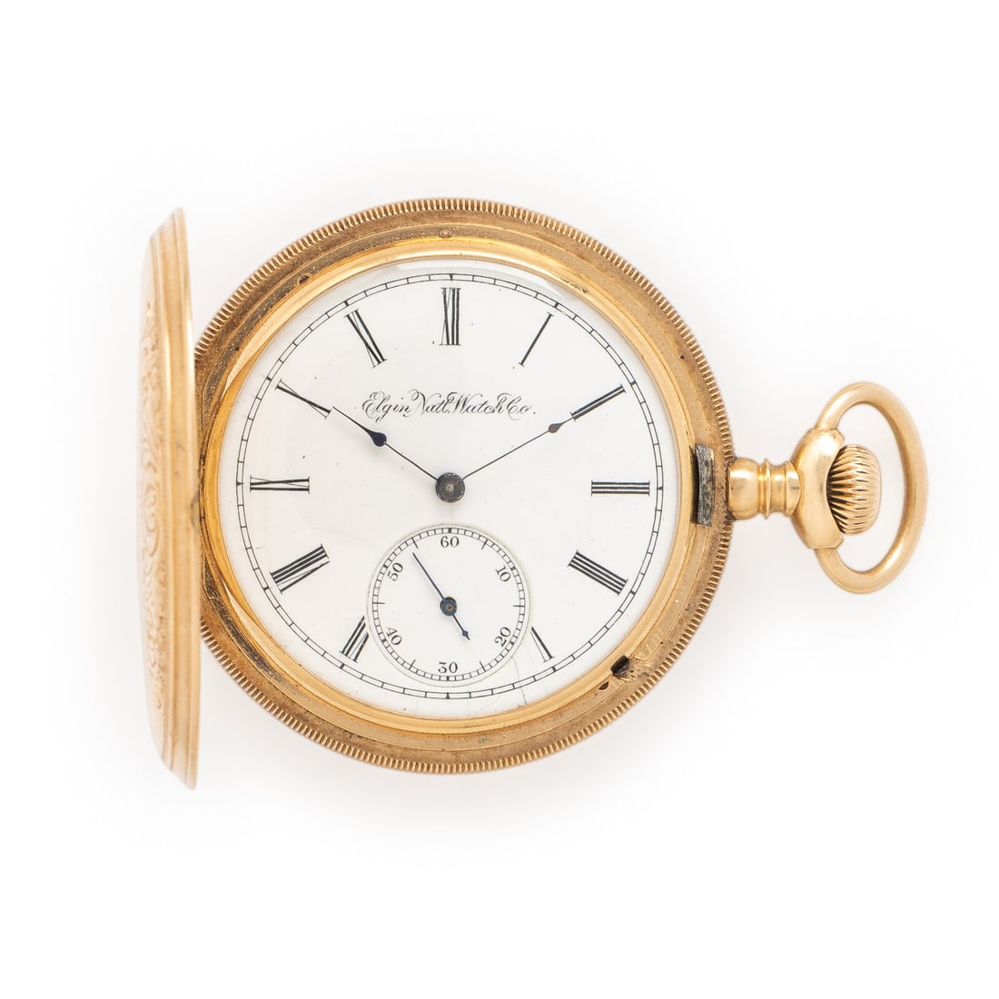 Elgin, 14K Yellow Gold Pocket Watch: Elgin, 14K Yellow Gold Pocket Watch Maker: Elgin Serial number: 101519 Case size: Approx. 53 mm Case material: 14K yellow gold Dial: White Movement: Manual wind Movement number: 2489060 Functions: Sec