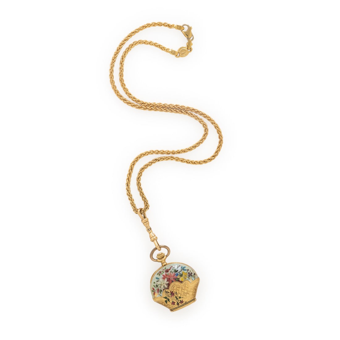 Yellow Gold and Enamel Pocket Watch with Chain: Yellow Gold and Enamel Pocket Watch with Chain Case number: 277841 Case size: Approx. 27 mm Case material: 18K yellow gold and enamel Dial: White Movement: Manual wind Chain: 18K yellow gold Stamps: I