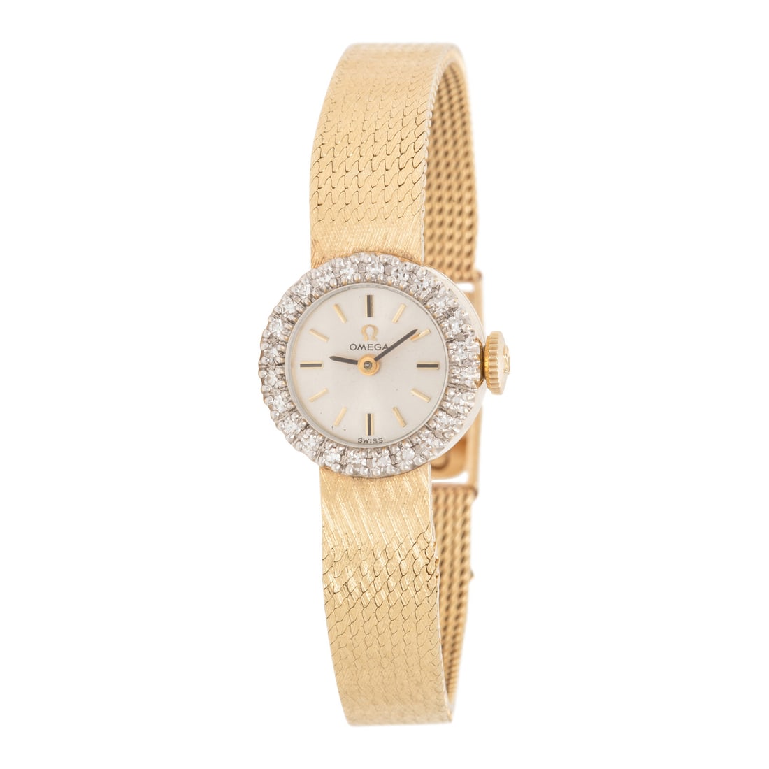 Omega, 14K Yellow Gold and Diamond Watch: Omega, 14K Yellow Gold and Diamond Watch Maker: Omega Case size: Approx. 16 mm Case material: 14K yellow gold Bezel: Diamond Dial: Silvered Movement: Manual wind Bracelet/Strap: 14K yellow gold Stamps