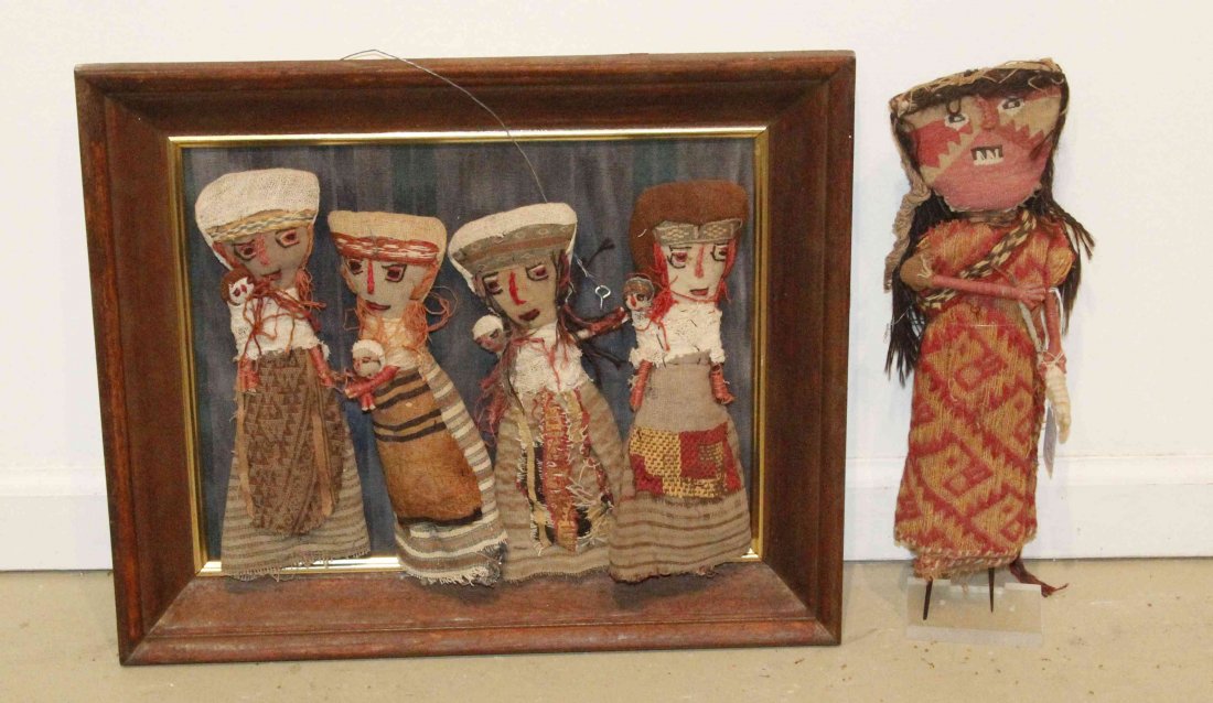 A Collection of Five Folk Art Dolls, Height of tallest: A Collection of Five Folk Art Dolls, comprising four set in a frame, the other on a plexiglass stand. Height of tallest 13 inches. Property from the Estate of Dr. Ivan Jeanne Weiler, Urbana, Illinois