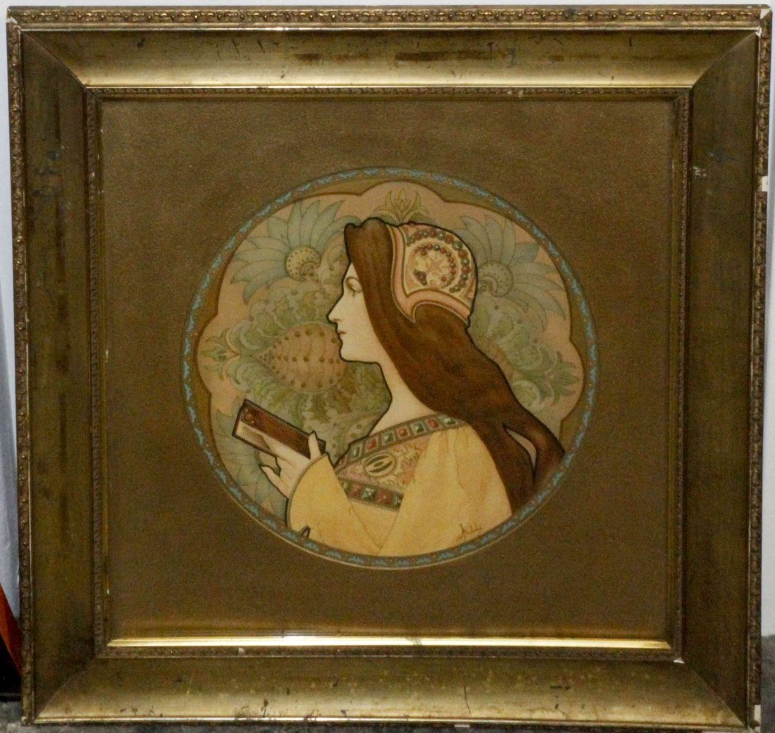 An Art Nouveau Lithograph, Jane Atche, Height 24 1/2 x: An Art Nouveau Lithograph, Jane Atche, depicting the bust of a woman in period costume set in a gilt frame. Height 24 1/2 x width 24 1/2 inches (overall).