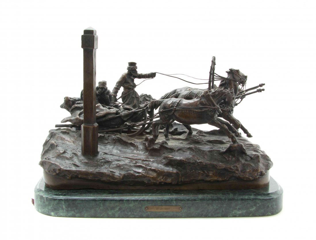 A Russian Bronze Figural Group, after Vassili: A Russian Bronze Figural Group, after Vassili Yacovlevich Grachev (1831-1905), The Milepost, depicting a troika scene with an izvozchik and two passengers in a sleigh being pulled by three horses past