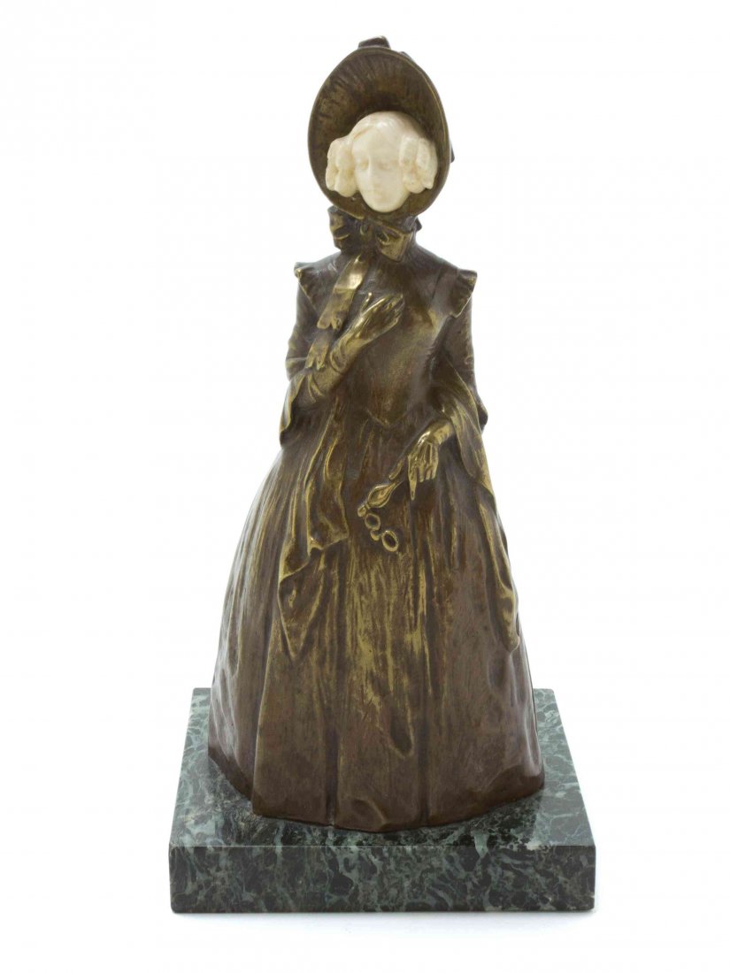A Continental Bronze Figure, Flugerth, Height overall 9: A Continental Bronze Figure, Flugerth, depicting a girl in a bonnet, with composite face, signed FLVGERTH/AR, raised on a square marble plinth. Height overall 9 3/8 inches.