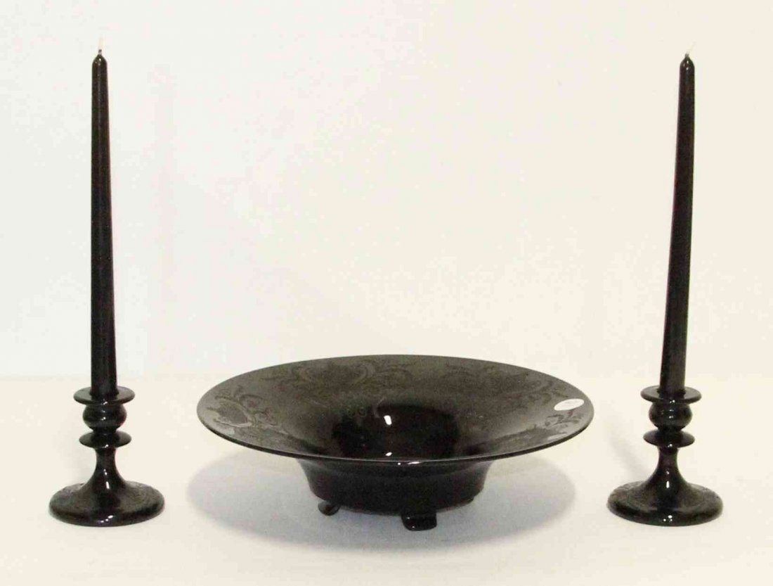 An Etched Glass Table Garniture, Diameter of bowl 13: An Etched Glass Table Garniture, comprising a footed bowl and two candlesticks. Diameter of bowl 13 inches. Property from the Estate of Jeanne Marienthal Westcott, Chicago, Illinois