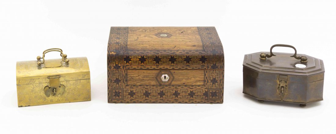 A Collection of Three Vintage Boxes, Width of first 8: A Collection of Three Vintage Boxes, comprising a marquetry example and two in brass. Width of first 8 5/8 inches. Property from the Estate of Jeanne Marienthal Westcott, Chicago, Illinois