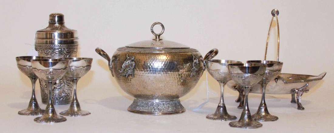 An American Aesthetic Movement Silverplate Covered: An American Aesthetic Movement Silverplate Covered Entree, Rogers Smith & Co., of handled form with an applied stork, lobster, and flowers, together with an associated International Silver Co. cocktai