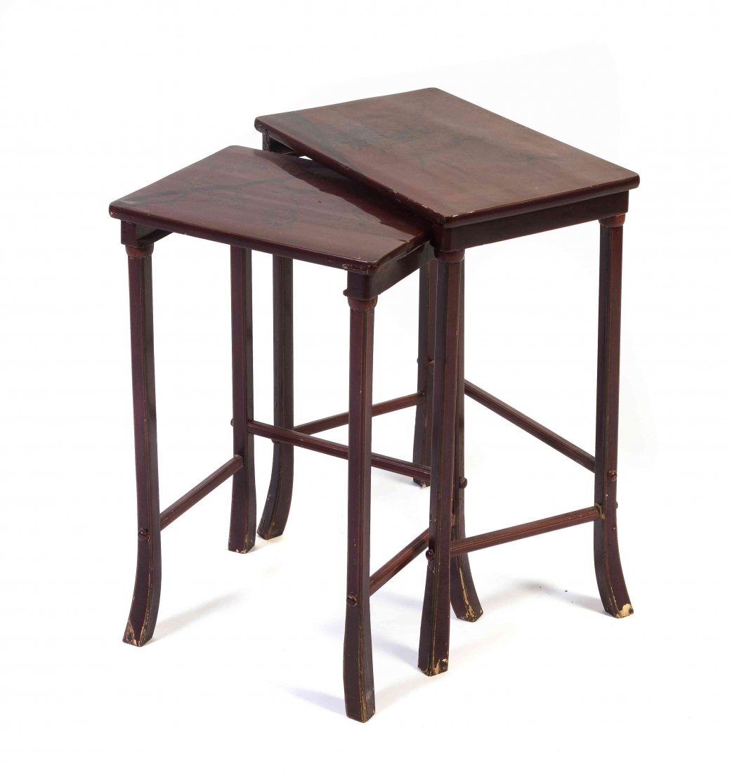 Two Japanese Lacquered Nesting Tables, Height of: Two Japanese Lacquered Nesting Tables, each having a rectangular top with foliate decoration. Height of tallest 25 1/2 inches. Property from the Estate of Dr. Ivan Jeanne Weiler, Urbana, Illinois