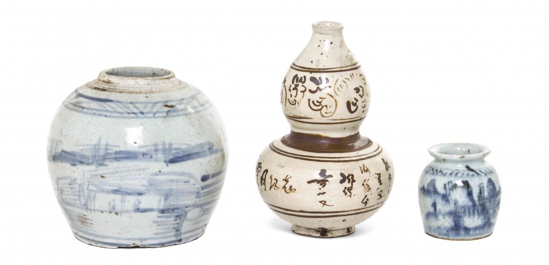 Three Chinese Vases, Height of tallest 6 1/2 inches.: Three Chinese Vases, one of double gourd form, two ovoid. Height of tallest 6 1/2 inches. Property from the Estate of Dr. Ivan Jeanne Weiler, Urbana, Illinois