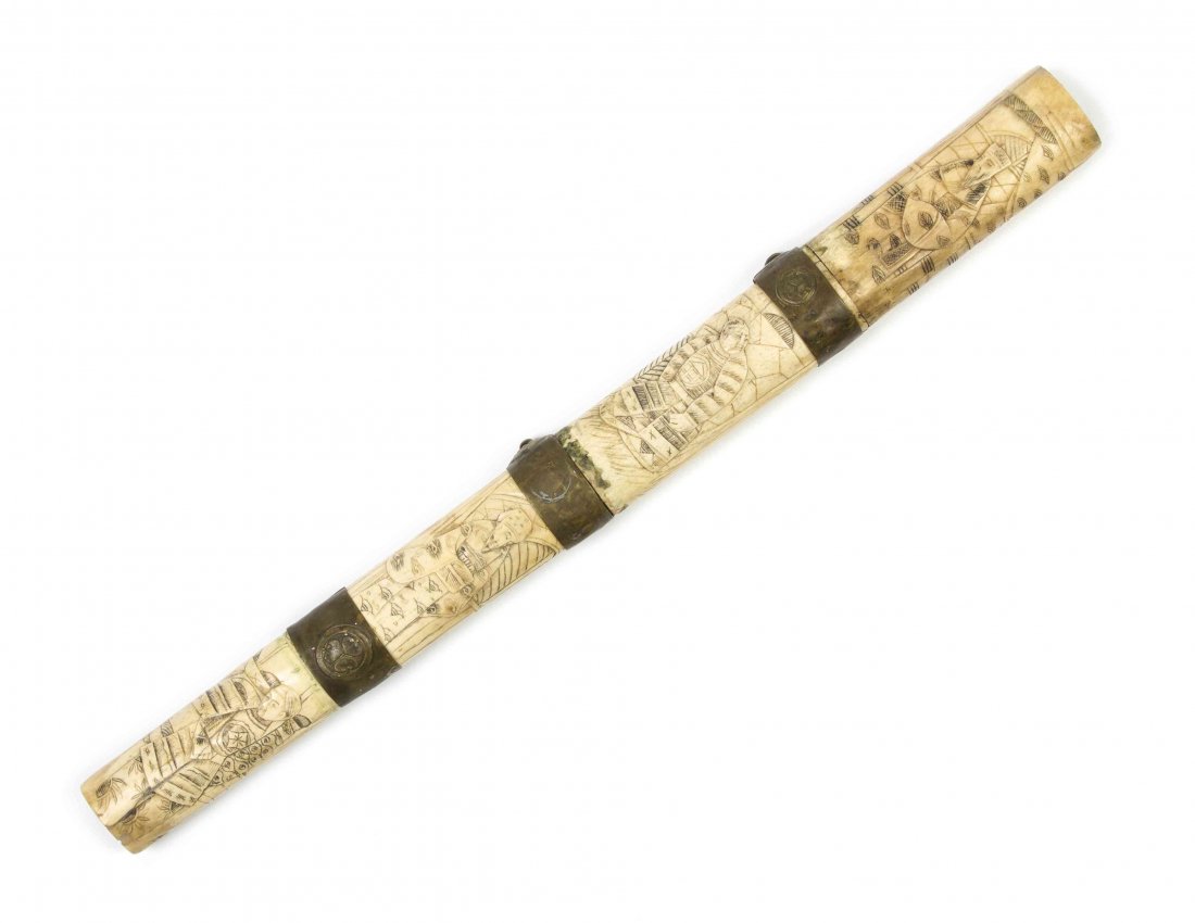 A Japanese Bone Tanto Scabbard, Length 17 inches.: A Japanese Bone Tanto Scabbard, in four sections with figural decoration. Length 17 inches. Property from the Estate of Dr. Ivan Jeanne Weiler, Urbana, Illinois