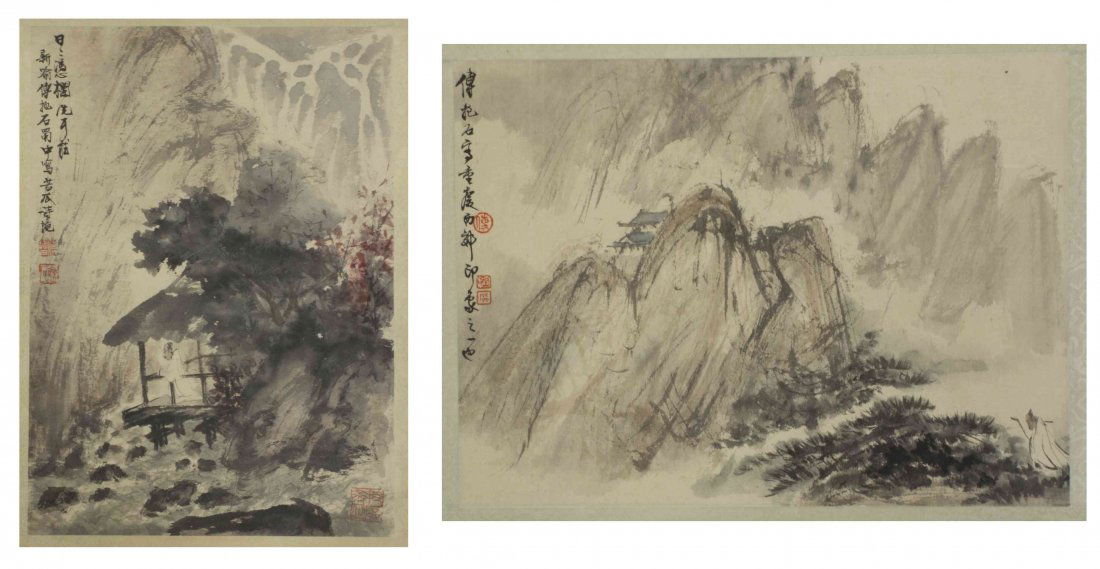 Two Chinese Paintings, after Fu Baoshi, Height of: Two Chinese Paintings, after Fu Baoshi, both depicting structures within mountainous landscapes, having calligraphic inscriptions and artist's seals. Height of larger 13 1/2 inches.