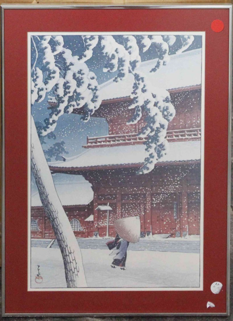 A Japanese Print, Kawase Hasui (1883-1957), Height 20: A Japanese Print, Kawase Hasui (1883-1957), depicting a figure walking through the snow near Shiba temple, from the series Twenty Views of Tokyo. Height 20 1/2 x width 13 3/4 inches.