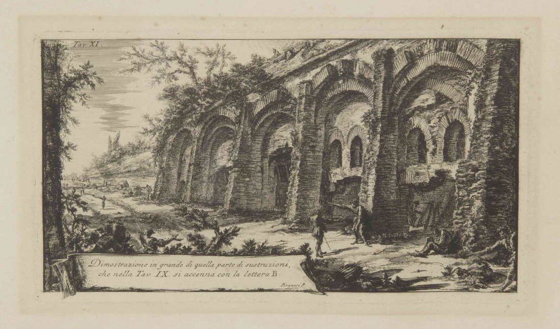 After Giovanni Battista Piranesi, (Italian, 1720-1778): After Giovanni Battista Piranesi (Italian, 1720-1778) Dimostrazione in grande di quella parte di sustruzioni che nella tav. IX si accenna con la lettera B 6 1/2 x 11 1/4 inches. Property from the Esta