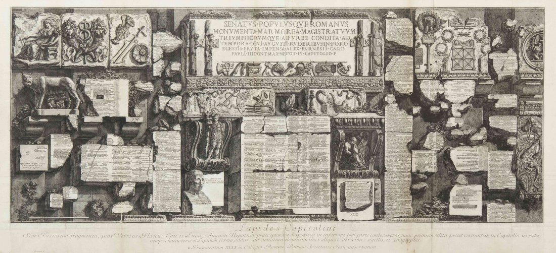 Giovanni Battista Piranesi, (Italian, 1720-1778),: Giovanni Battista Piranesi (Italian, 1720-1778) Lapides Capitolini etching 19 1/2 x 48 inches. Property from the Collection of Flavor Liquidating (G) Corporation (f/k/a A.M. Todd Group)