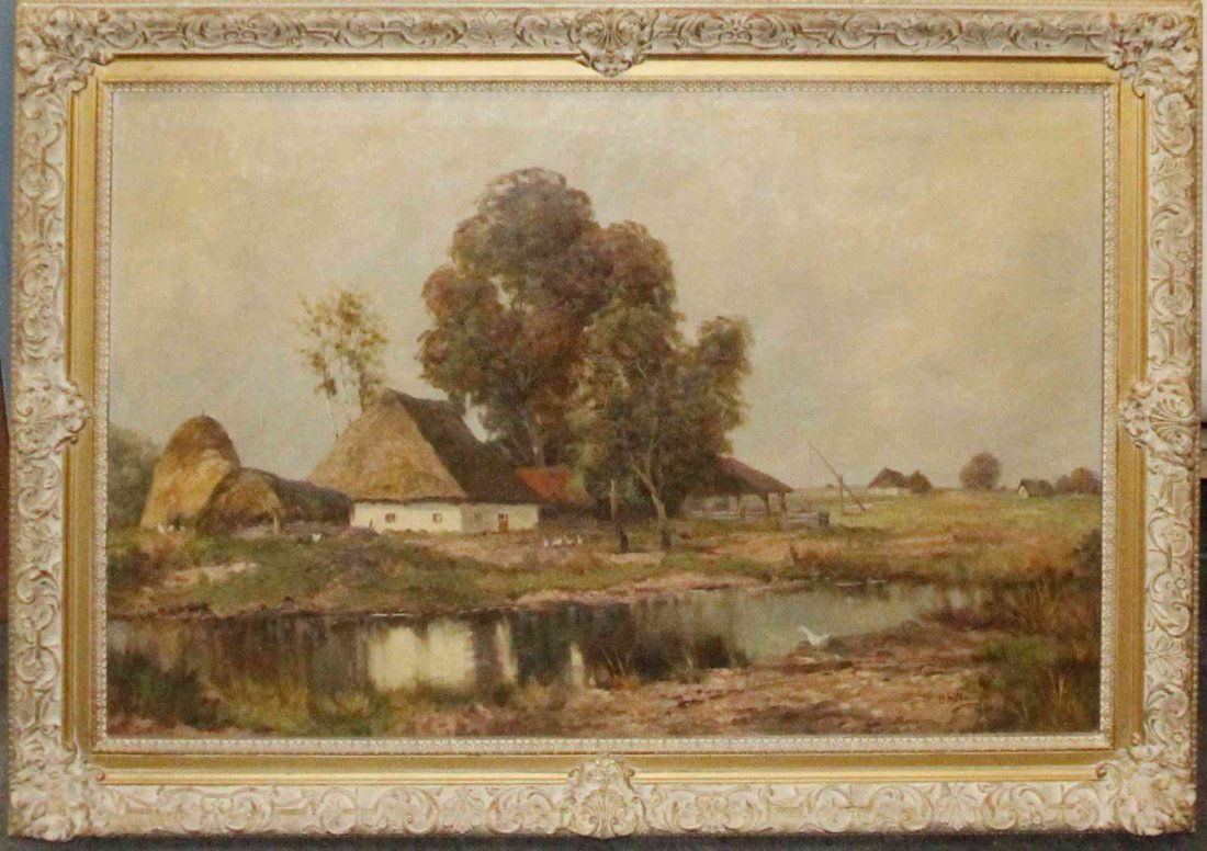 H.P. Hilinger, (German, 19th/20th century), Farm Scene: H.P. Hilinger (German, 19th/20th century) Farm Scene oil on canvas signed H.P. Hilinger (lower right) 23 1/2 x 35 1/2 inches. Property from the Collection of John Heiner, Naperville,