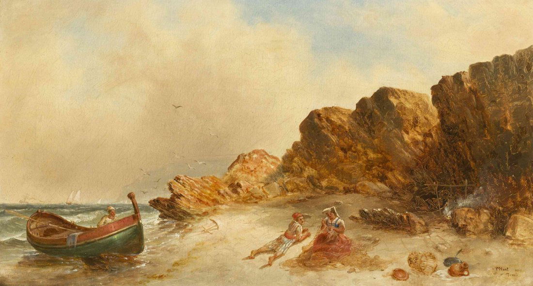 William Morris Hunt, (American, 1824-1879), Mending the: William Morris Hunt (American, 1824-1879) Mending the Net, 1860 oil on canvas signed W M Hunt, Tivoli and dated (lower right) 12 x 22 inches. Property from the Collection of David H.