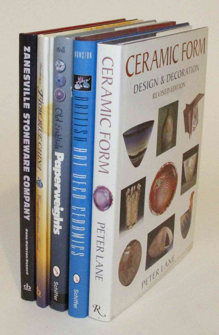 A Collection of Books Pertaining to Pottery and Glass,: A Collection of Books Pertaining to Pottery and Glass, including examples on Hull pottery, Zanesville pottery, McCoy pottery, Fenton glass, carnival and depression glass and others; 21 titles total.