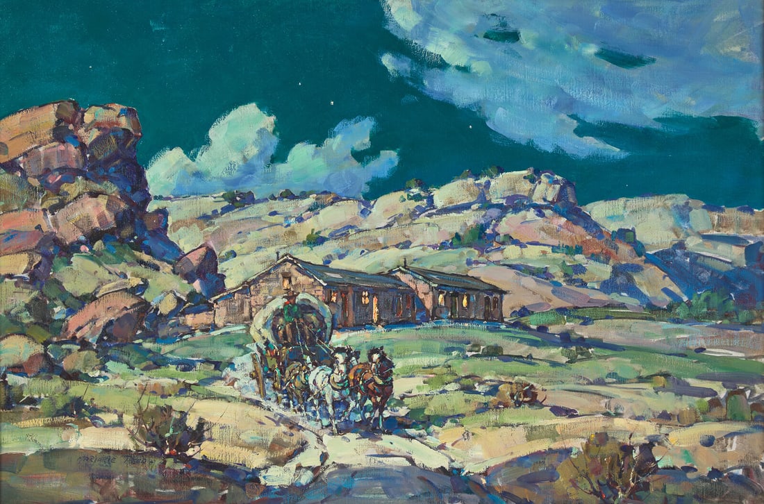 Marjorie Reed (American, 1915-1996) Freighting Out the Wool, Keams Canyon: Marjorie Reed (American, 1915-1996) Freighting Out the Wool, Keams Canyon oil on canvas signed Marjorie Reed- (lower left); titled and inscribed (on label affixed to the reverse) 24 x 36 in. This lot 