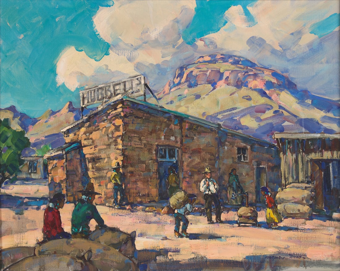 Marjorie Reed (American, 1915-1996) Wool Buying Time in Oraibi: Marjorie Reed (American, 1915-1996) Wool Buying Time in Oraibi oil on canvas signed Marjorie Reed- (lower right); titled and inscribed (label affixed to the reverse) 24 x 30 in. This lot is located in