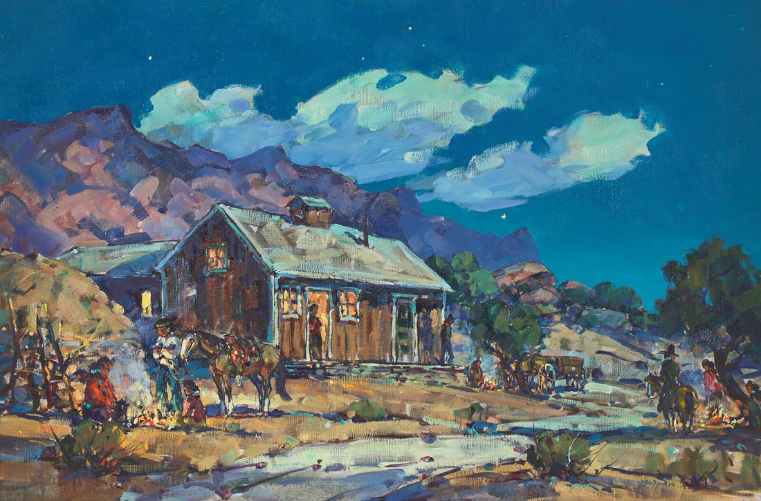 Marjorie Reed (American, 1915-1996) Overnight Guests at Cedar Ridge Trading Post: Marjorie Reed (American, 1915-1996) Overnight Guests at Cedar Ridge Trading Post oil on canvas signed Marjorie Reed- (lower right); titled and inscribed (on label affixed to the reverse) 24 x 36 in. T