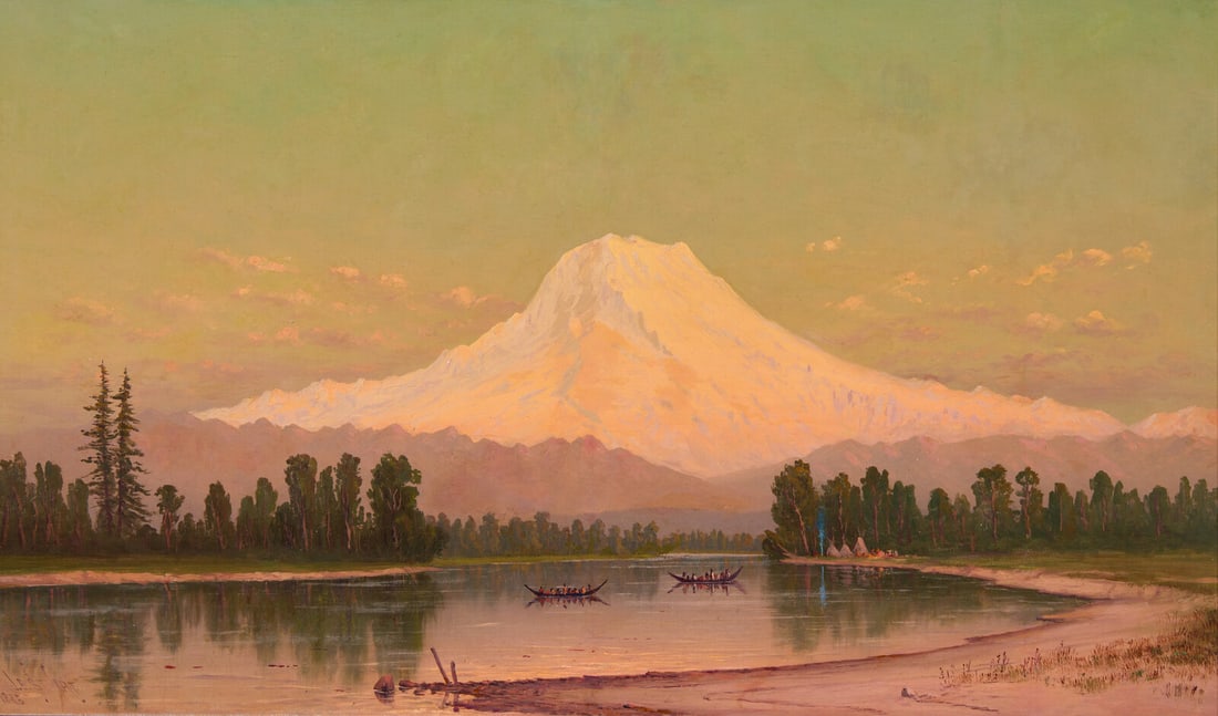 James Everett Stuart (American, 1852-1941) Sunset, Mt. Tacoma from the Puyullan River, W. T., 1885: James Everett Stuart (American, 1852-1941) Sunset, Mt. Tacoma from the Puyullan River, W. T., 1885 oil on canvas signed J. E. Stuart and dated (lower left) 20 x 34 in. Property from the Estate of Gary