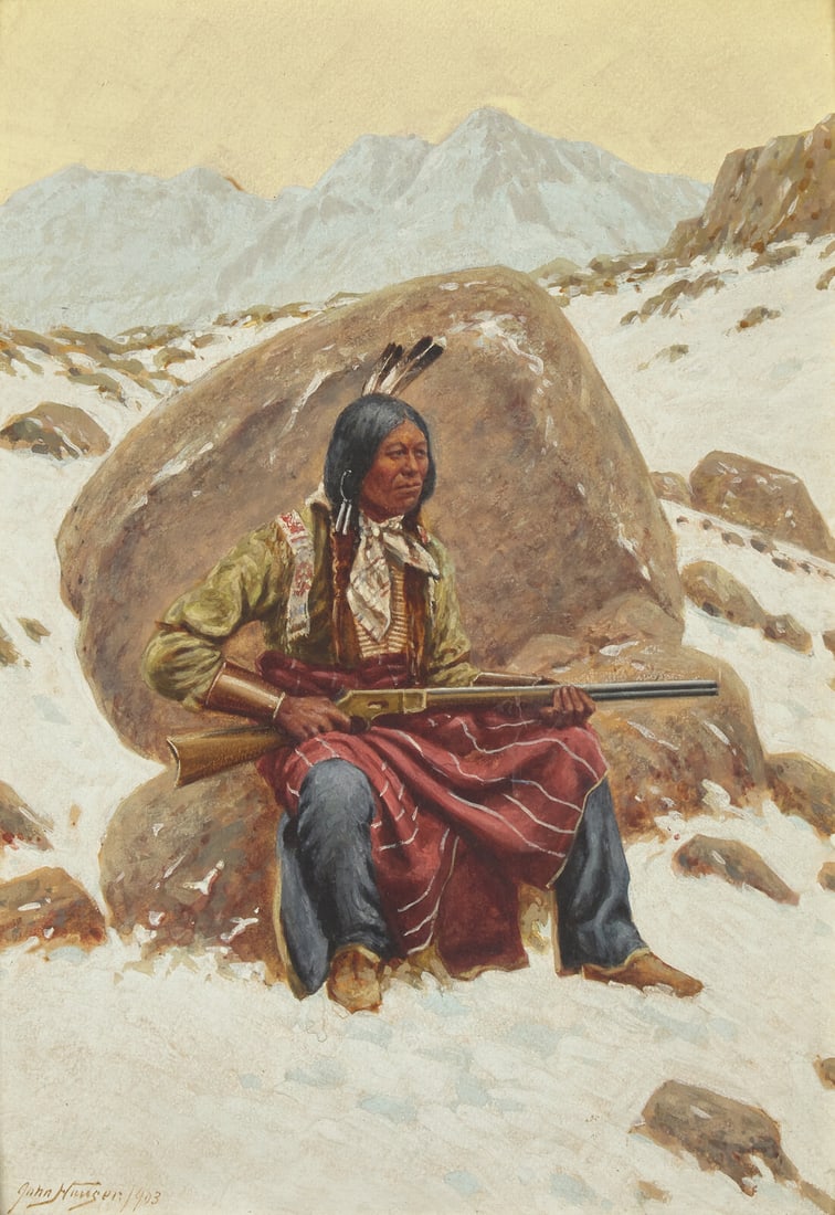 John Hauser (American, 1859-1913) Waiting for a Coyote, 1903: John Hauser (American, 1859-1913) Waiting for a Coyote, 1903 watercolor and gouache on paper laid on paperboard signed John Hauser and dated (lower left); also signed, titled, and dated (verso) 14 x 1