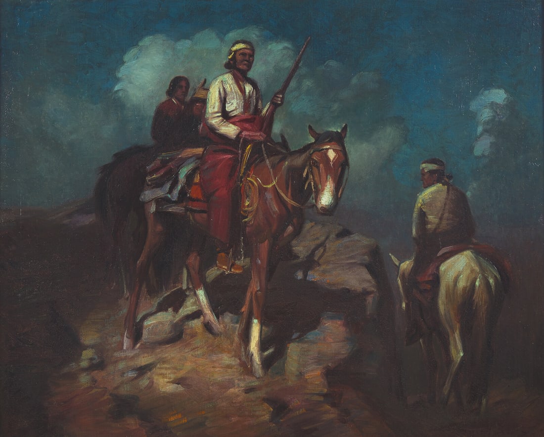 Harold Harrington Betts (American, 1881-1963) Scouting: Harold Harrington Betts (American, 1881-1963) Scouting oil on canvas signed Betts (lower right) 29 1/4 x 36 1/8 in. From an Old Hollywood Family This lot is located in Philadelphia.