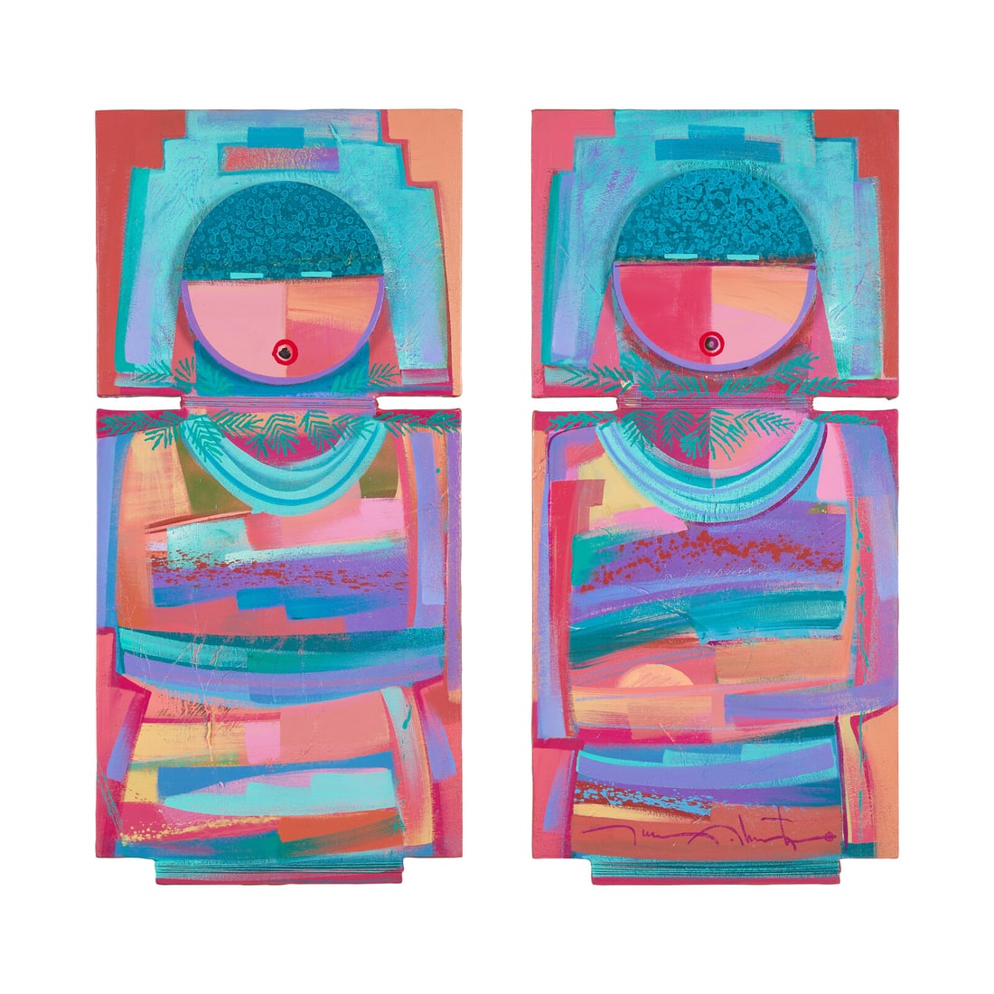 Tony Abeyta (Diné, b. 1965) Two Kachinas (Diptych): Tony Abeyta (Diné, b. 1965) Two Kachinas (Diptych) oil on shaped canvas and leather cord signed Tony Abeyta (lower edge, right figure) 39 x 18 in. (each) This lot is located in Philadelphia. Prov