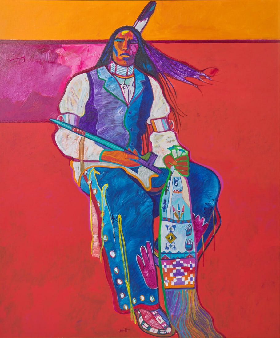 John Nieto (American, 1936-2018) Plains Warrior, 1996: John Nieto (American, 1936-2018) Plains Warrior, 1996 acrylic on canvas signed Nieto (lower center); titled, signed, and dated (on the turnover) 72 x 60 in. This lot is located in Philadelphia. Proven