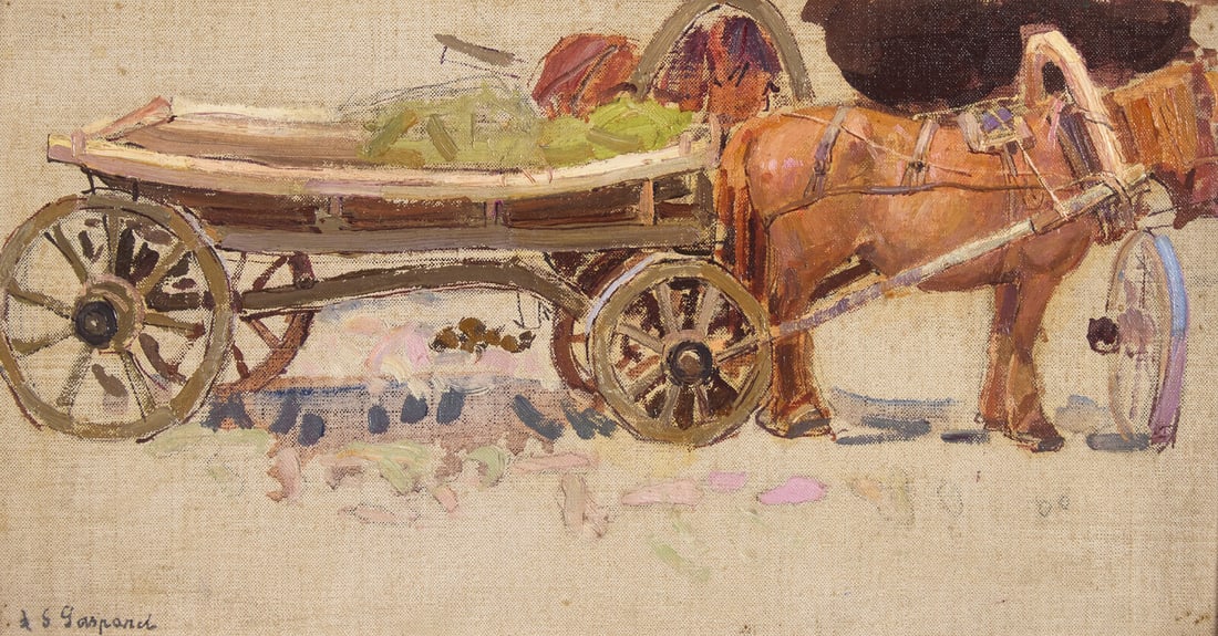 Leon Schulman Gaspard (American/Russian, 1882-1964) Horse and Wagon with Yoke - Russia: Leon Schulman Gaspard (American/Russian, 1882-1964) Horse and Wagon with Yoke - Russia oil on canvas laid to board signed L. S. Gaspard (lower left) 7 1/2 x 15 in. This lot is located in Philadelphia.