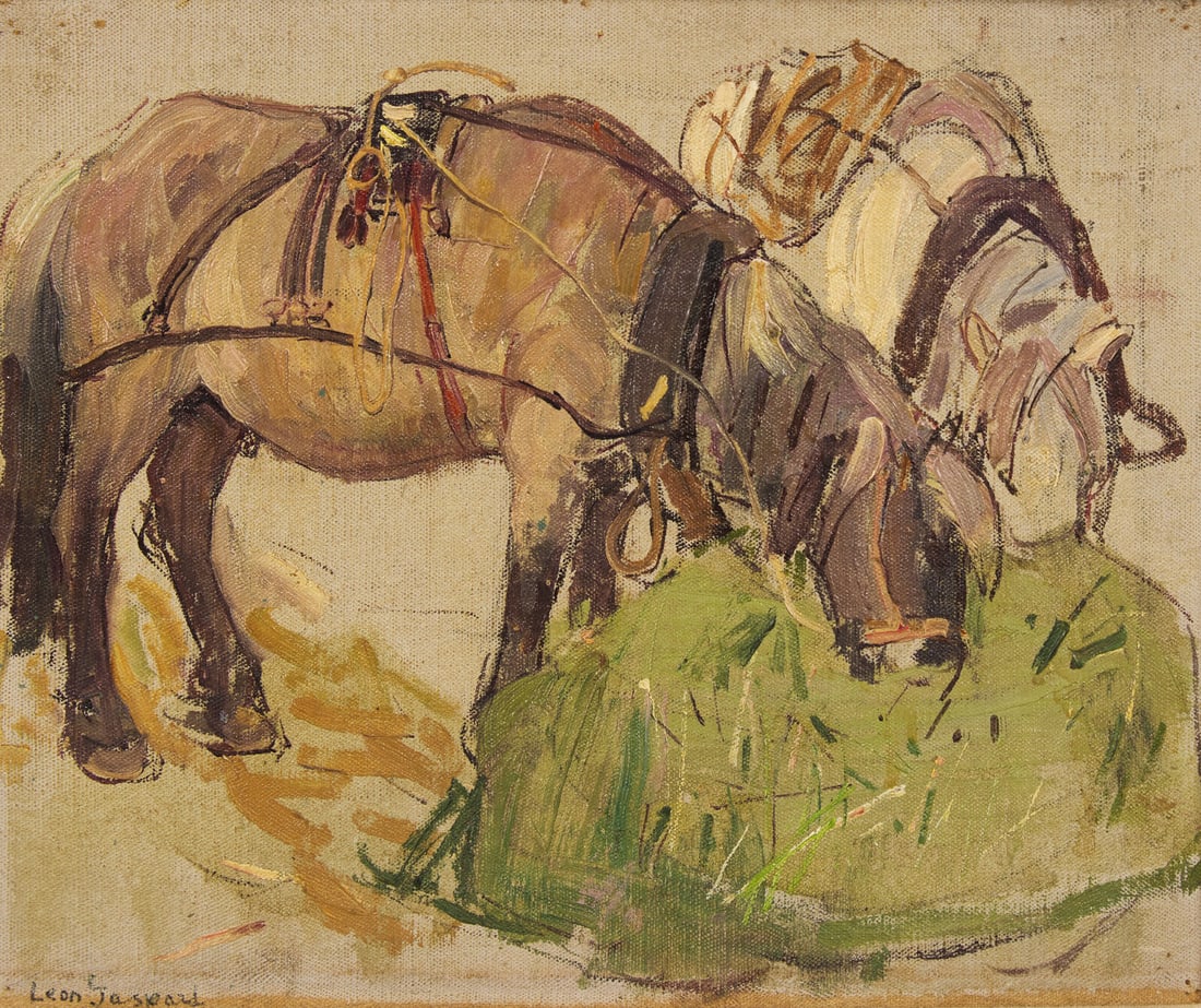 Leon Schulman Gaspard (American/Russian, 1882-1964) Horses Feeding with Russian Bridles and Collars (1 of 3)