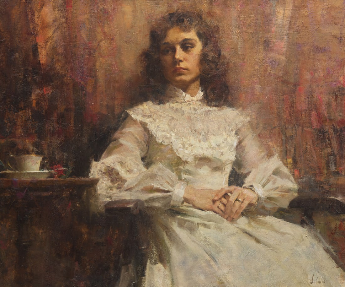 Richard Schmid (American, 1934-2021) Michelle in White Gown, 1976: Richard Schmid (American, 1934-2021) Michelle in White Gown, 1976 oil on canvas signed Schmid (lower right); also signed, numbered, titled, and dated (on the stretcher) 30 x 36 in. This lot is located